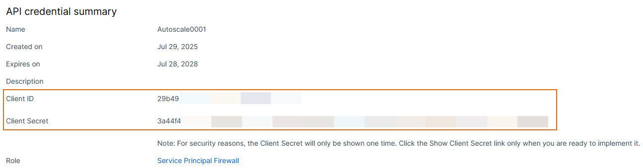 API credential summary.