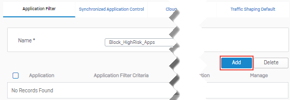 Add button for application filter rules.
