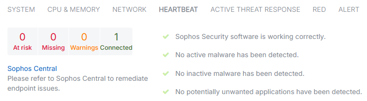 Heartbeat tab with green status.