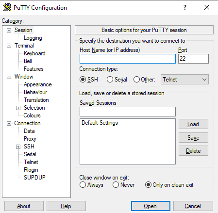 Putty configuration screen.