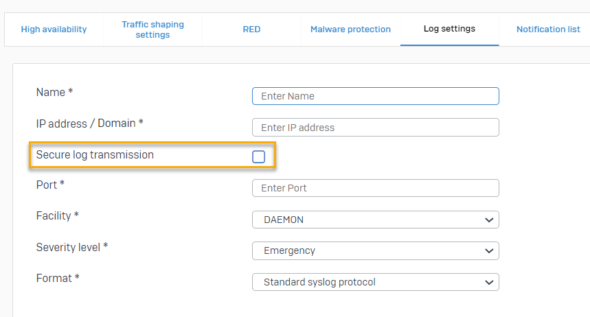 Configure settings for syslog server with the secure log transmission check box highlighted.
