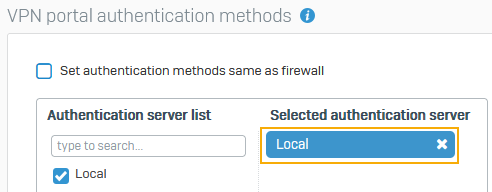 Authentication server set to Local in VPN portal authentication methods.