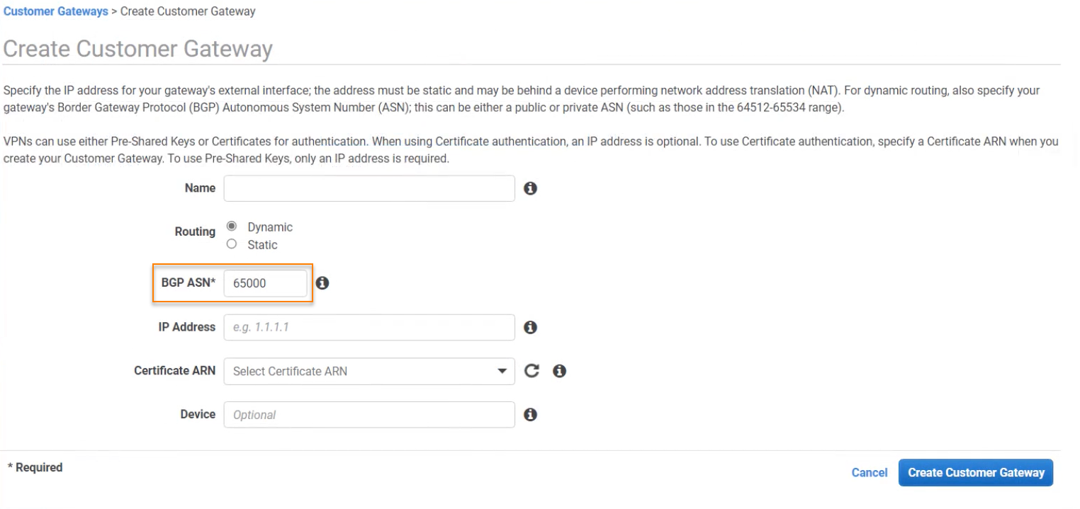 Enter the firewall's ASN on the create customer gateway page in AWS.