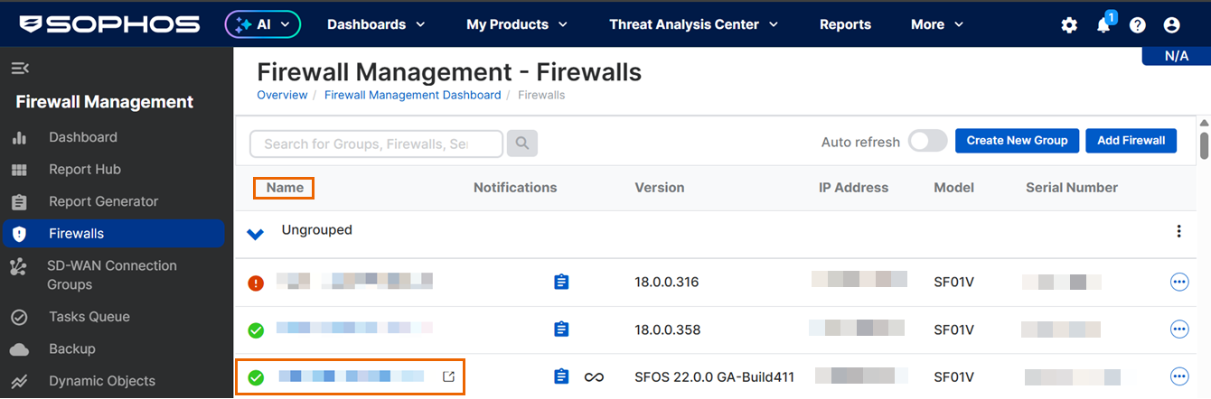 Your firewall on the Firewalls page in Sophos Central.