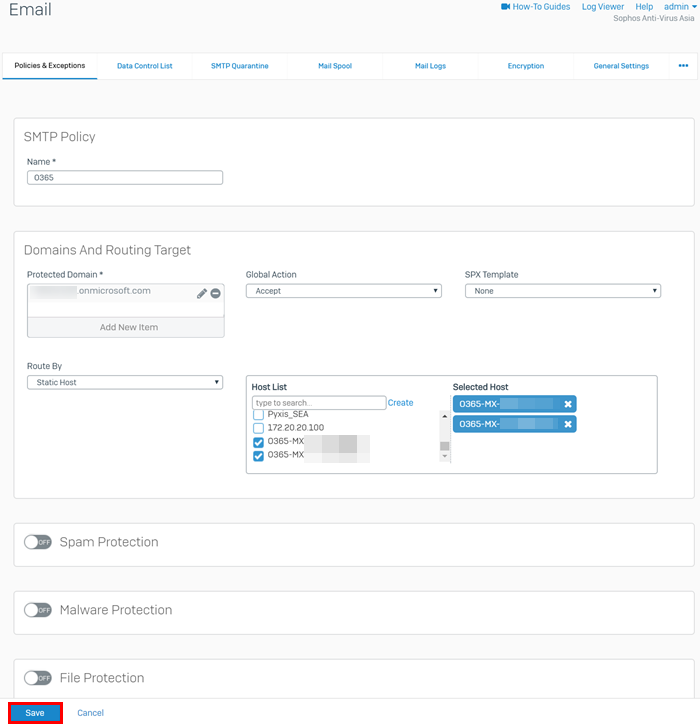 O365 の SMTP ポリシー。