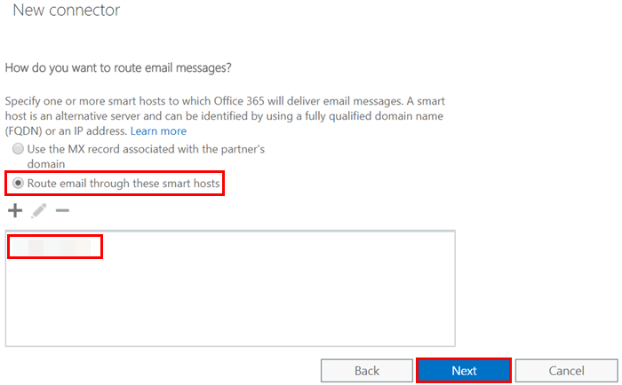 Exchange の新しいコネクタのルーティング設定。