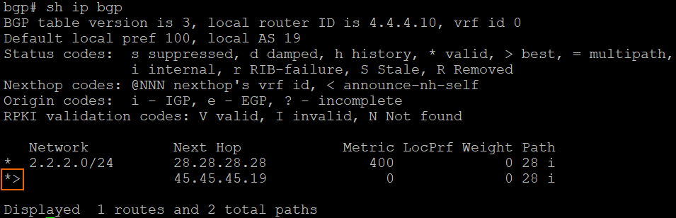 BGP routing table with the metric.