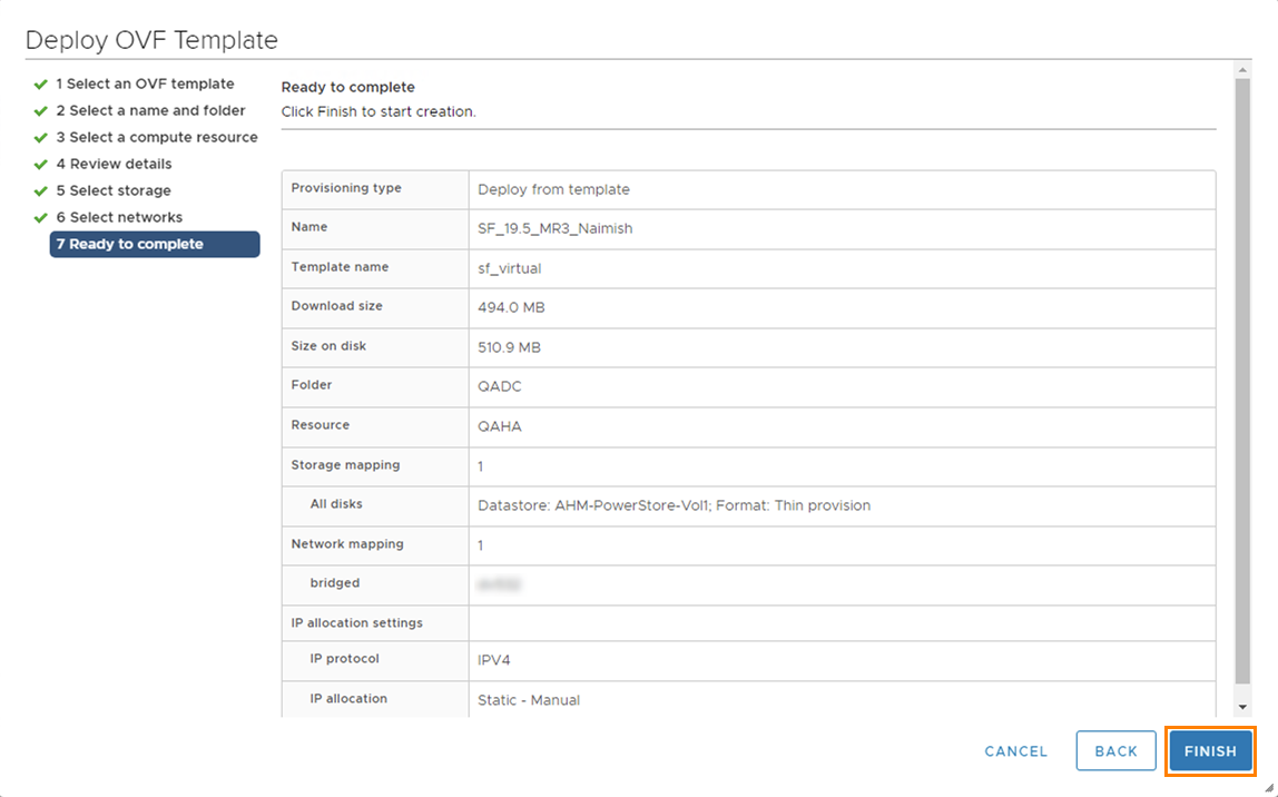 Deploy OVF template dialog step seven, ready to complete.