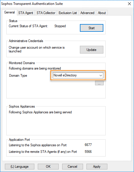 ドメインのタイプを Novell eDirectory に設定する。
