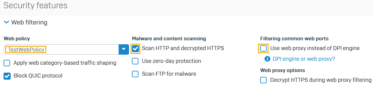 DPI モードのファイアウォールルールの Web フィルタリング設定。
