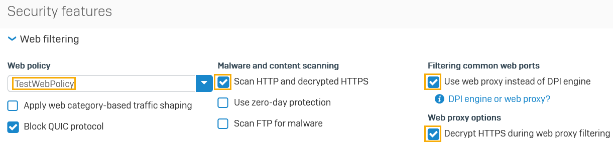 Web プロキシのファイアウォールルールの Web フィルタリング設定。