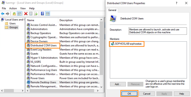 Distributed COM Users group properties showing members.