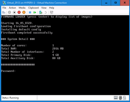 Virtual machine connection window showing SFOS startup.