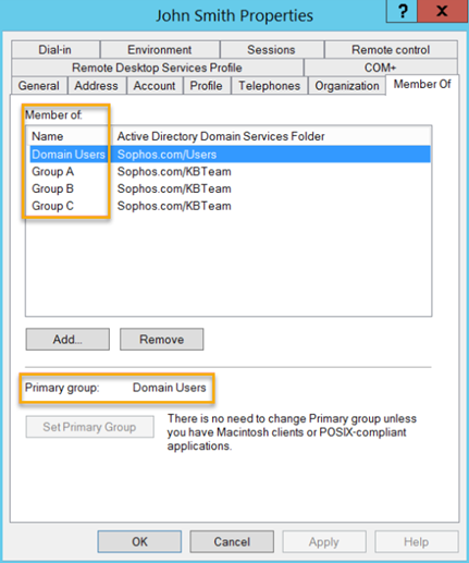 Active Directory のユーザーのプロパティタブ。
