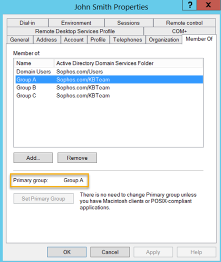 Active Directory のユーザーのプロパティタブ。