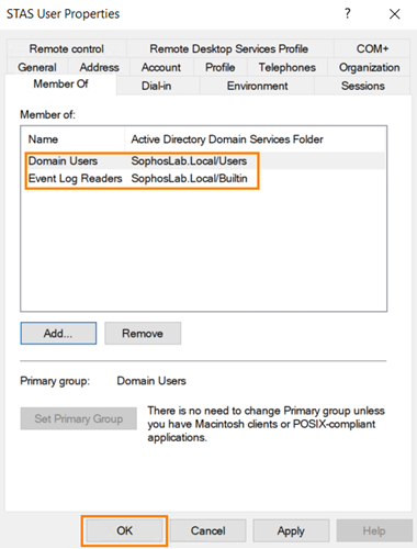 STAS ユーザーのプロパティとグループメンバーシップ。