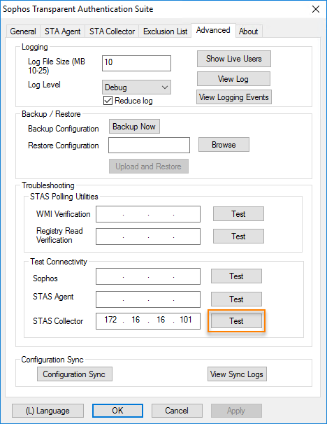 STAS コレクターの接続テスト。