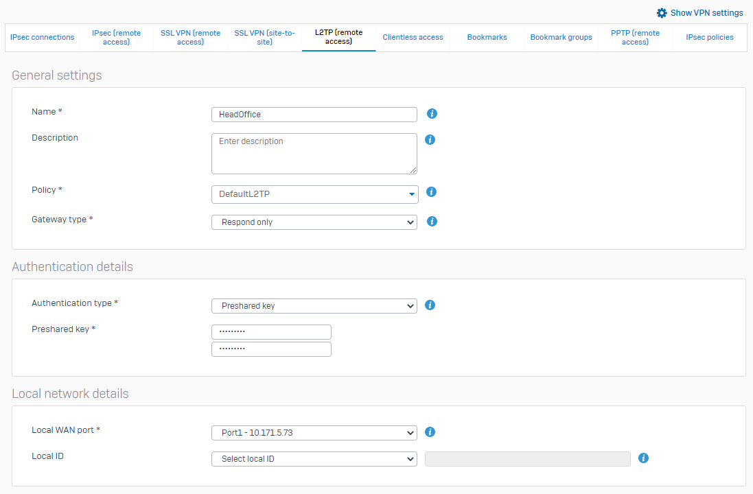 L2TP 設定の例。