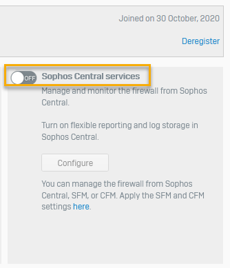 「Sophos Central サービス」をオンにします。