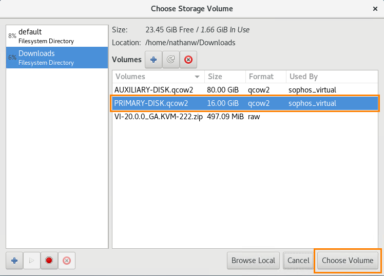 prmiary-disk.qcow が選択されたストレージボリュームの選択ダイアログ。