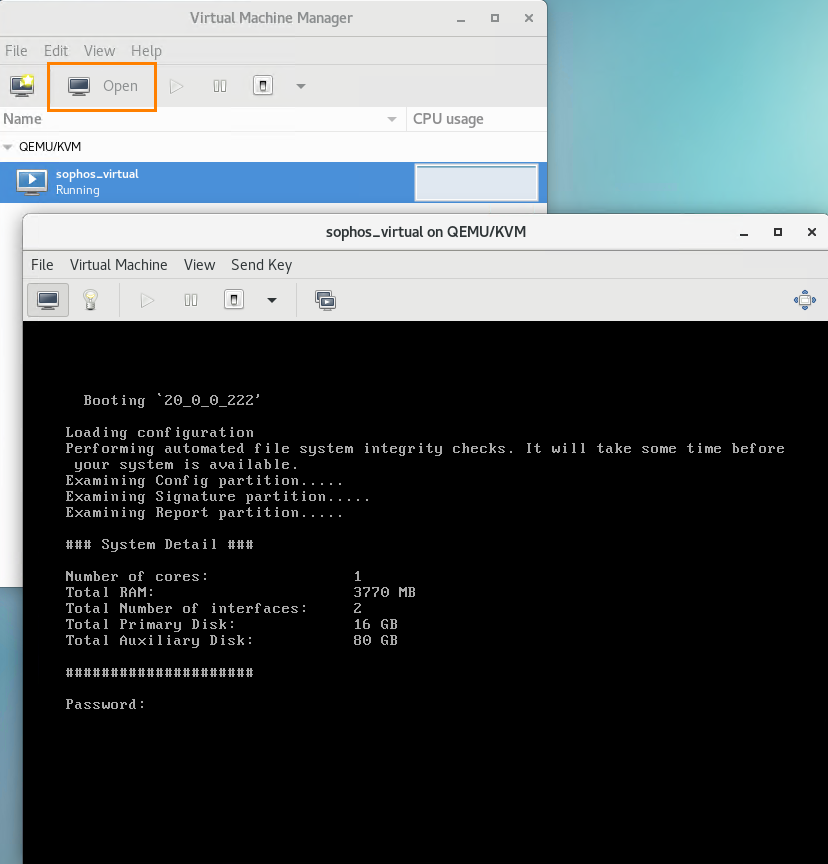 ファイアウォールを開いて実行されている Virtual Machine Manager。