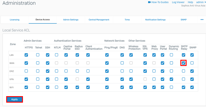 SMTP relay is allowed for WAN zone.
