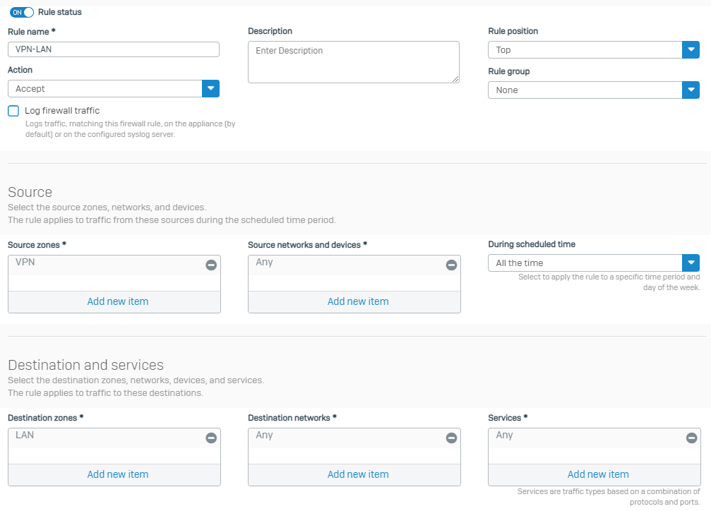 Example firewall rule settings.