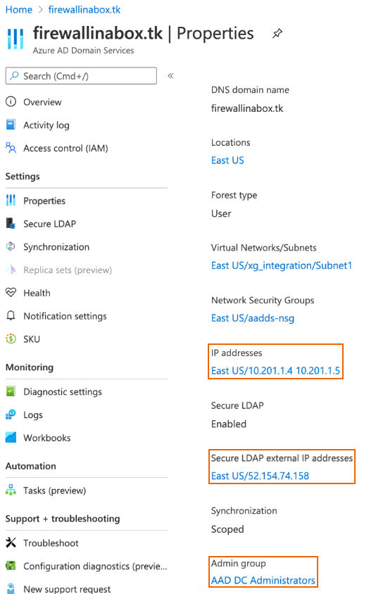 Microsoft Entra Domain Services のプロパティ。