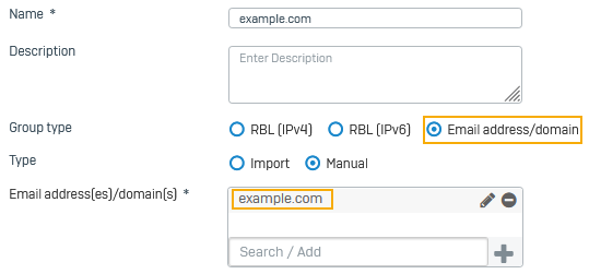 アドレスグループにメールドメインを追加する。