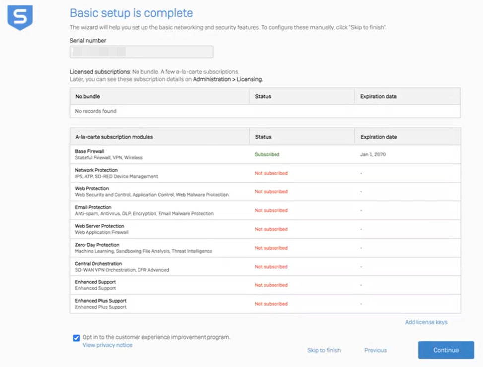 「基本設定が完了しました」ページ。