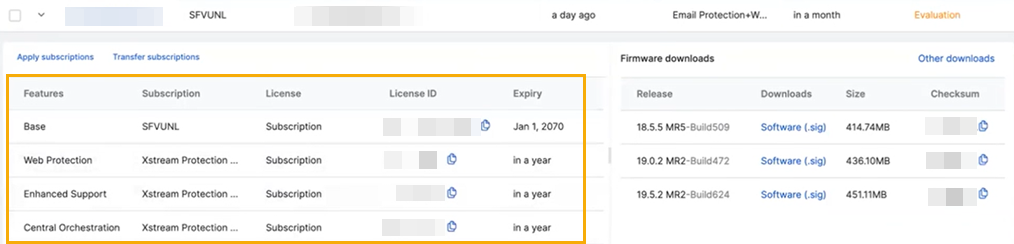 Central でのファイアウォールサブスクリプションの詳細。