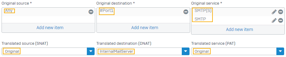 NAT ルールの変換設定。