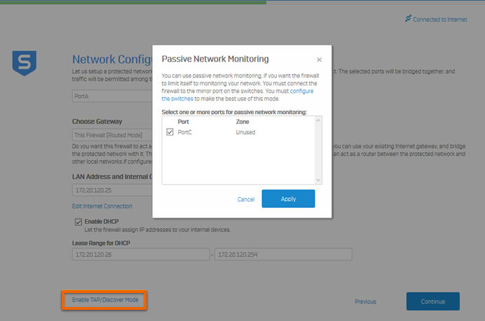TAP/ディスカバーモードを有効にするオプションと、パッシブなネットワーク監視の画面を示すスクリーンショット。