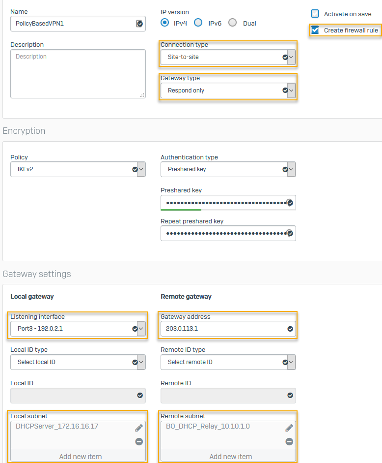 DHCP トラフィックに対応する、本社の IPsec 設定。