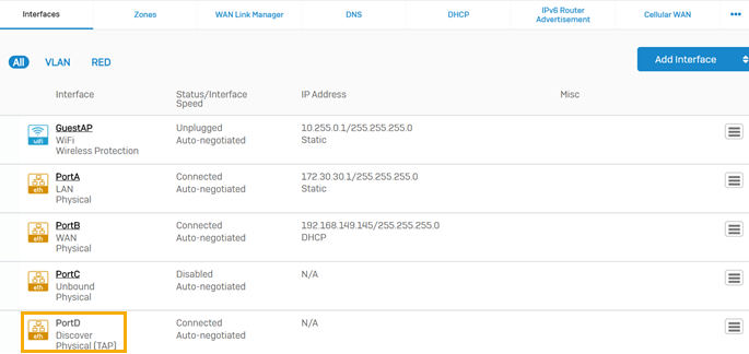 インターフェースページにポート D が表示されます。