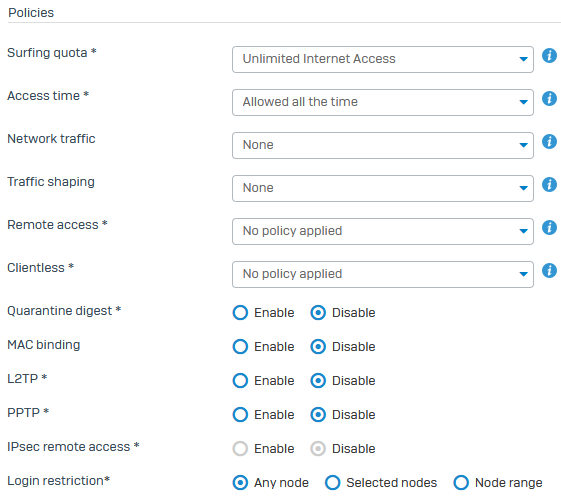 Sophos Connect のグループの認証設定。