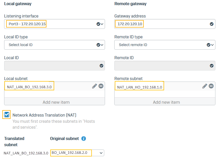 暗号化の設定 (ファイアウォール 1)。