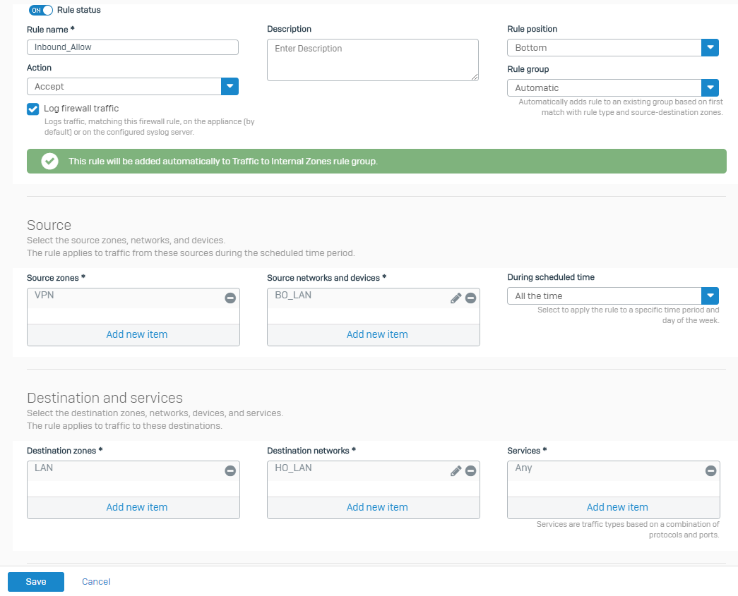 送受信トラフィックのファイアウォールルール。