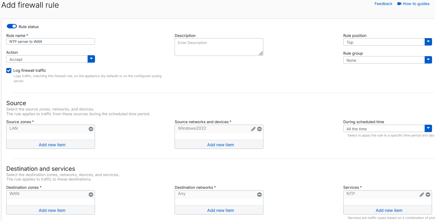 Firewall rule to access external NTP servers.