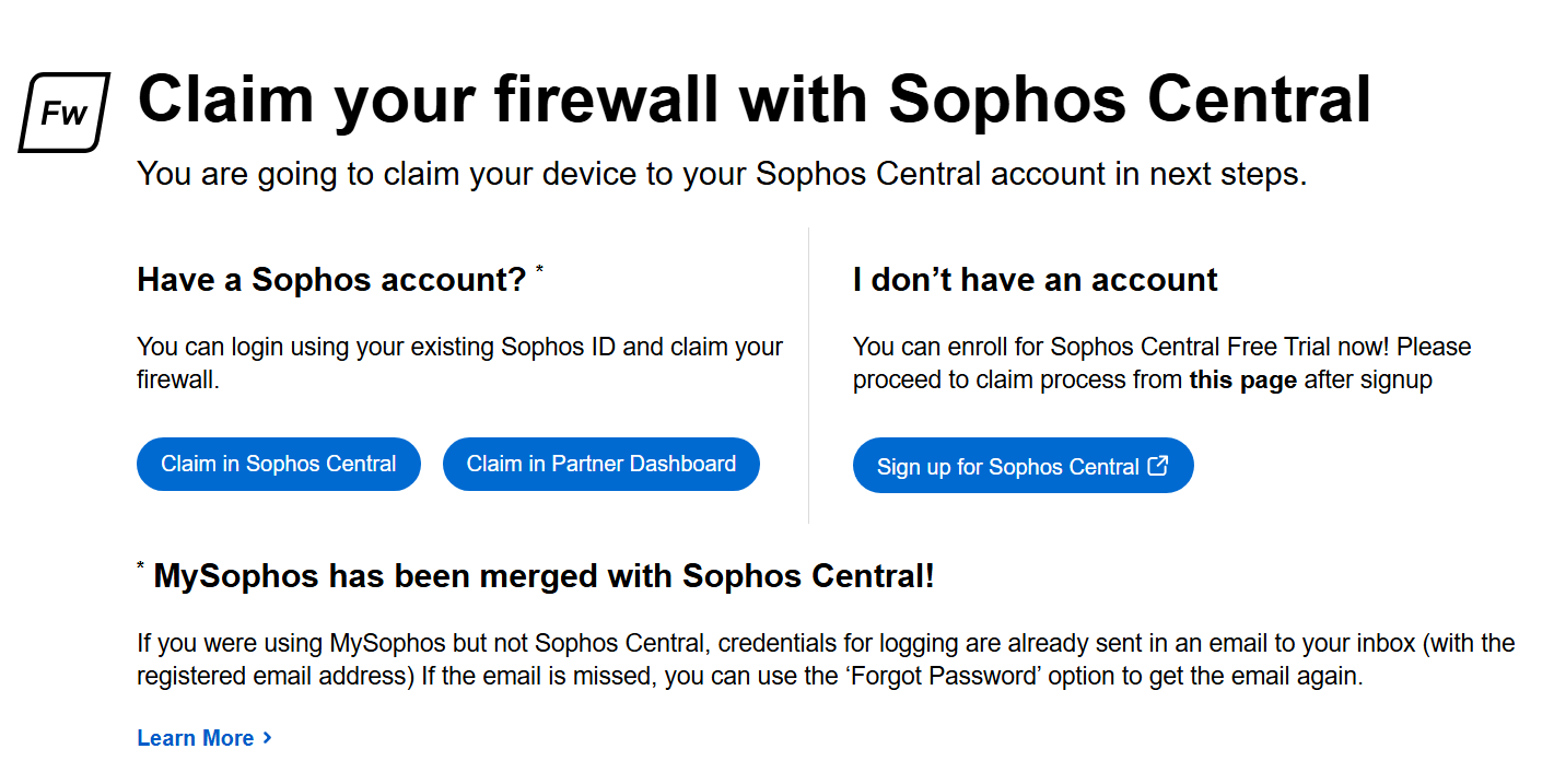 Claim the firewall in Sophos Central.