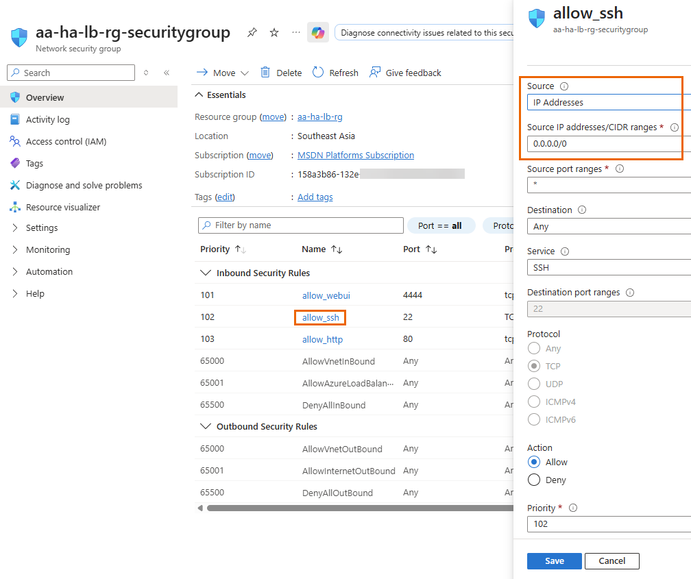 Inbound security rules.