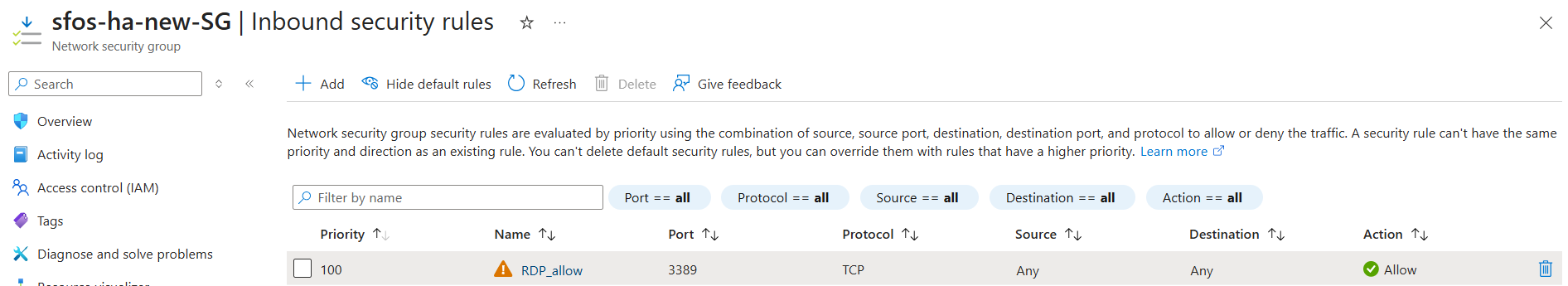 RDP inbound security rule.