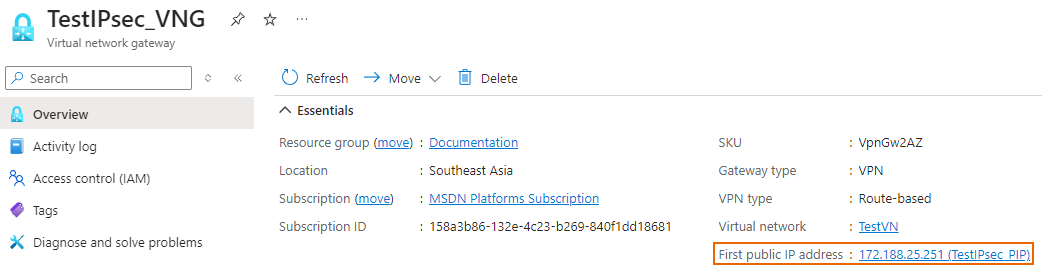 Virtual network gateway public IP address.