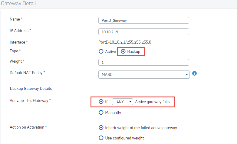 Backup gateway settings for Port D.