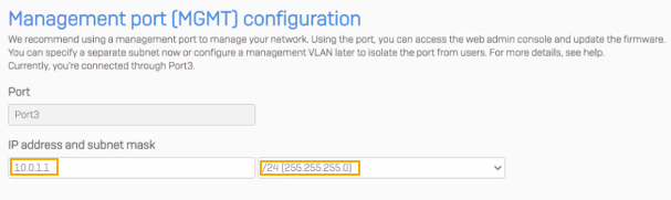 Management port settings on the setup wizard.
