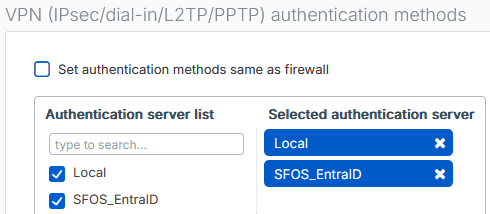 VPN 認証方法で、認証サーバーがローカルおよび Microsoft Entra ID に設定されています。