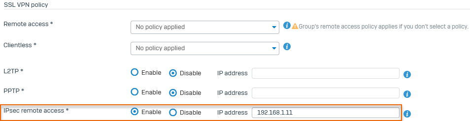 Sophos Connect クライアントを使って接続しているユーザーにスタティック IP アドレスを割り当てる。