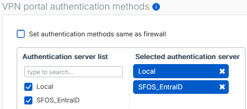 VPN ポータルの認証方法で、認証サーバーがローカルおよび Microsoft Entra ID に設定されています。