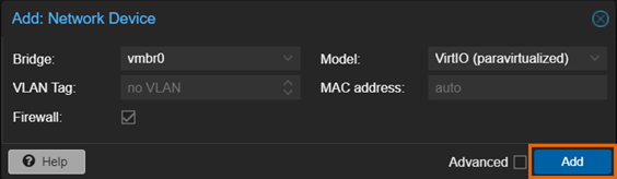 Add: 「Add」ボタンが強調表示された「Network Device」ウィンドウ。