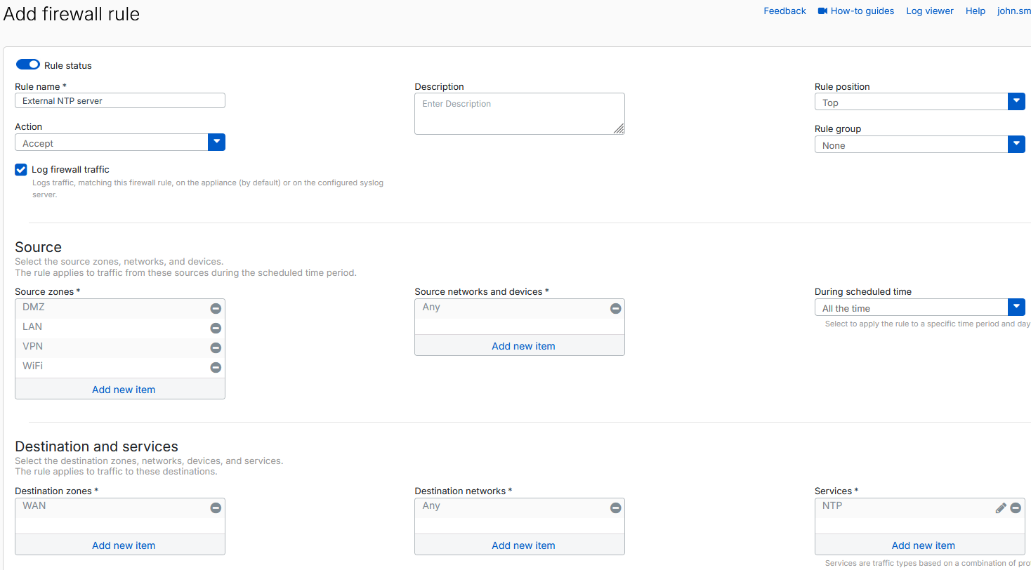 External NTP server firewall rule.